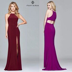 FAVIANA Burgundy Long Jersey Dress Slit Open Back 12